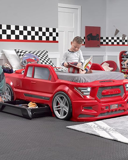 Step2 Turbocharged Twin Size Truck Car Bed, Car Bed for Boys and Girls, Working Headlights & Built-In Storage, Toddlers Ages 3+ Years Old, Adult Assembly Required, Vibrant Red - LeafyLoom