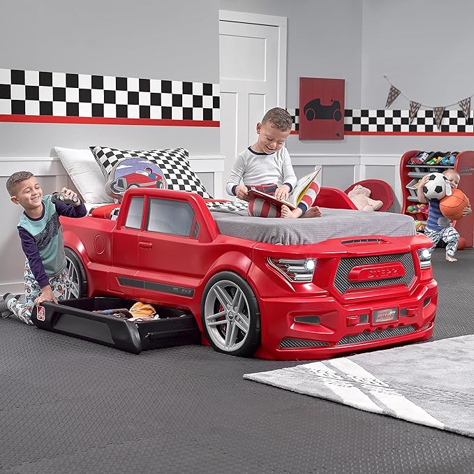 Step2 Turbocharged Twin Size Truck Car Bed, Car Bed for Boys and Girls, Working Headlights & Built-In Storage, Toddlers Ages 3+ Years Old, Adult Assembly Required, Vibrant Red - LeafyLoom