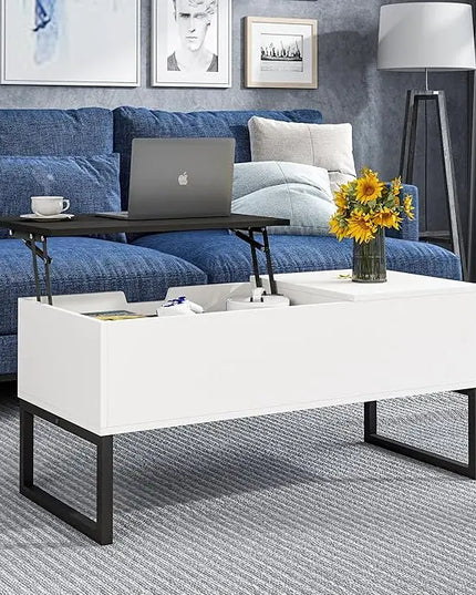 White Coffee Table with Black Lift Top - Modern Industrial Coffee Table with Lifting Top and Hide Compartment Storage - 40 Inch Rectangle Lift Coffee Tables for Living Room - LeafyLoom