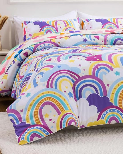 Btargot Lightweight Soft 3 Piece Rainbow Comforter Set with 2 Pillow Covers, Cartoon Love Hearts Flowers and Sun Star Bedding Set for Girls Boys Kids,Twin Light Purple - LeafyLoom
