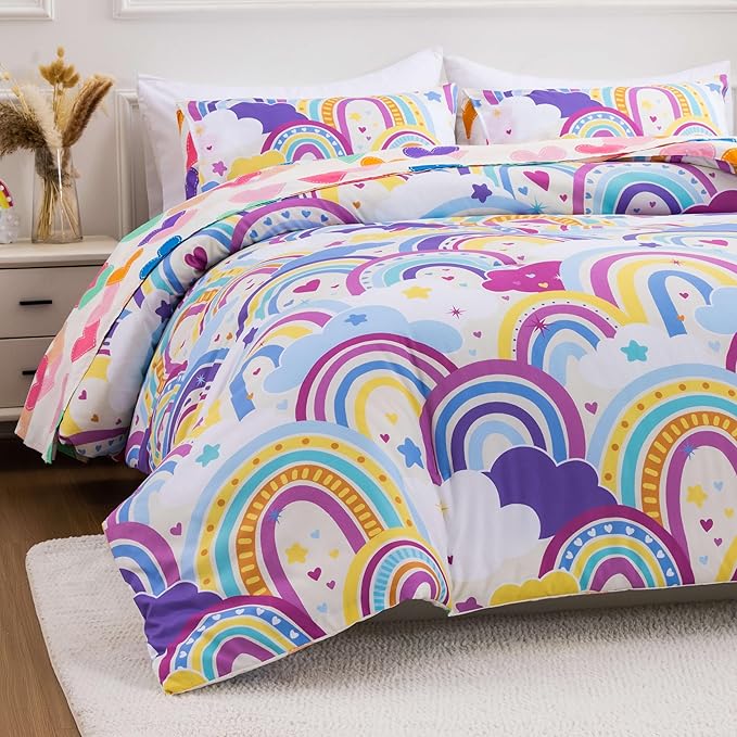 Btargot Lightweight Soft 3 Piece Rainbow Comforter Set with 2 Pillow Covers, Cartoon Love Hearts Flowers and Sun Star Bedding Set for Girls Boys Kids,Twin Light Purple - LeafyLoom