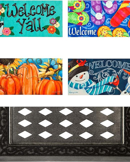 Evergreen Sassafras Bundle - Set of 5 Seasonal Interchangeable Entrance Doormats | Indoor and Outdoor |22-in x 10-in doormats and 30-in x 18-in tray | Non-slip backing | Low Profile | Home Décor - LeafyLoom