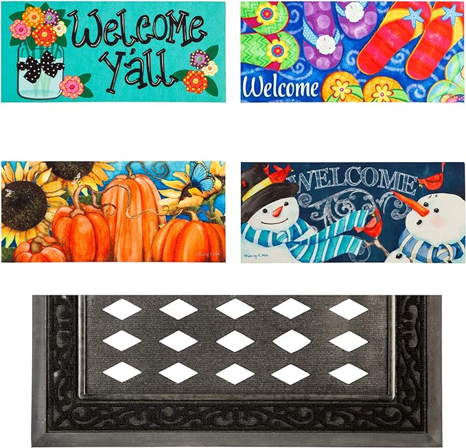 Evergreen Sassafras Bundle - Set of 5 Seasonal Interchangeable Entrance Doormats | Indoor and Outdoor |22-in x 10-in doormats and 30-in x 18-in tray | Non-slip backing | Low Profile | Home Décor - LeafyLoom