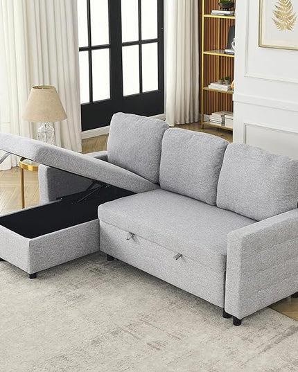 3 Seater Convertible Sectional Sofa with Reversible Chaise Lounge and Pull Out Sofabed, L Shaped Corner Couches with Storage , Comfy Linen Upholstered Sofa&Couches for Living Room Furniture Sets - LeafyLoom