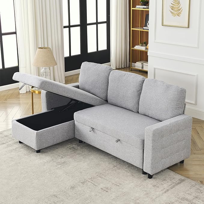 3 Seater Convertible Sectional Sofa with Reversible Chaise Lounge and Pull Out Sofabed, L Shaped Corner Couches with Storage , Comfy Linen Upholstered Sofa&Couches for Living Room Furniture Sets - LeafyLoom