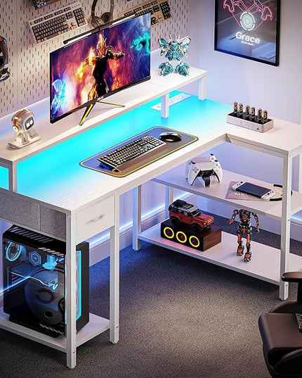 SUPERJARE 47 inch Reversible L Shaped Desk with LED Lights & Power Outlets, Computer Desk with Shelves & Monitor Stand, Gaming Desk with Drawer, Home Office Desk Corner Desk, PU White Drawer - LeafyLoom