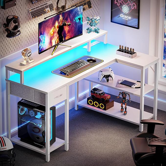 SUPERJARE 47 inch Reversible L Shaped Desk with LED Lights & Power Outlets, Computer Desk with Shelves & Monitor Stand, Gaming Desk with Drawer, Home Office Desk Corner Desk, PU White Drawer - LeafyLoom