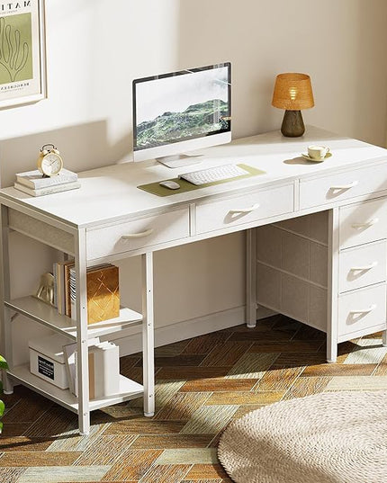 Computer Desk with 6 Drawers, 47 Inch Office Desk with Shelves, Reversible Gaming Desk, Corner Desk with Storage, Work Desk for Home Office, Study, Living Room, White - LeafyLoom