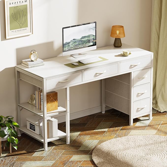 Computer Desk with 6 Drawers, 47 Inch Office Desk with Shelves, Reversible Gaming Desk, Corner Desk with Storage, Work Desk for Home Office, Study, Living Room, White - LeafyLoom