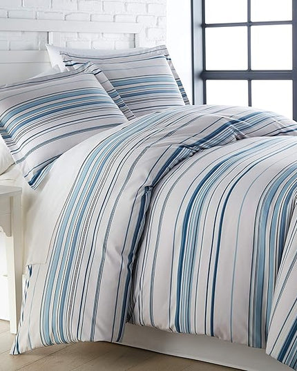 Southshore Fine Living, Inc. 3-Piece Full/Queen Comforter Set, Down Alternative All-Season Striped Comforter with 2 Shams, Soft Microfiber Bedspread, Full or Queen Bed, Coastal Stripes Blue - LeafyLoom