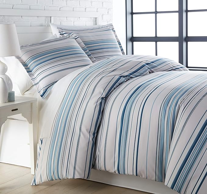 Southshore Fine Living, Inc. 3-Piece Full/Queen Comforter Set, Down Alternative All-Season Striped Comforter with 2 Shams, Soft Microfiber Bedspread, Full or Queen Bed, Coastal Stripes Blue - LeafyLoom