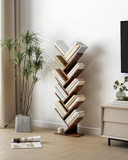 Hoctieon 10 Tier Tree Bookshelf, 10 Shelf Bookcase, Free Standing Tree Bookcase, Display Floor Standing Shelf for Books, Book Shelf Organizer, Rustic Brown - LeafyLoom