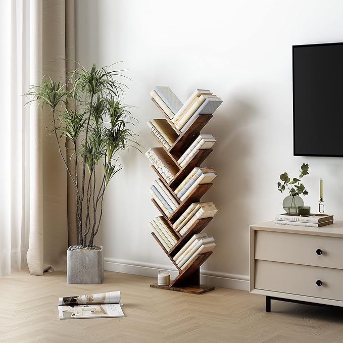 Hoctieon 10 Tier Tree Bookshelf, 10 Shelf Bookcase, Free Standing Tree Bookcase, Display Floor Standing Shelf for Books, Book Shelf Organizer, Rustic Brown - LeafyLoom