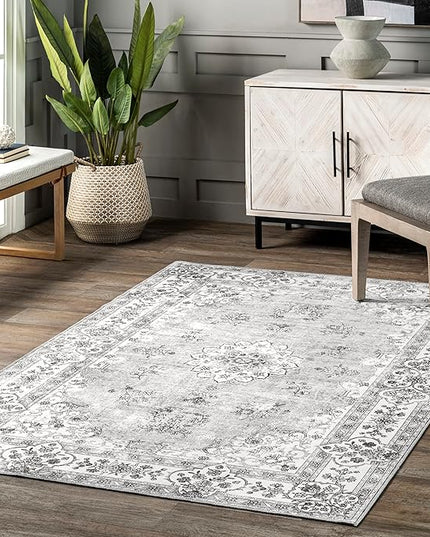 nuLOOM Ren Vintage Floral Machine Washable Ultra Thin Area Rug, 8x10, Grey - LeafyLoom