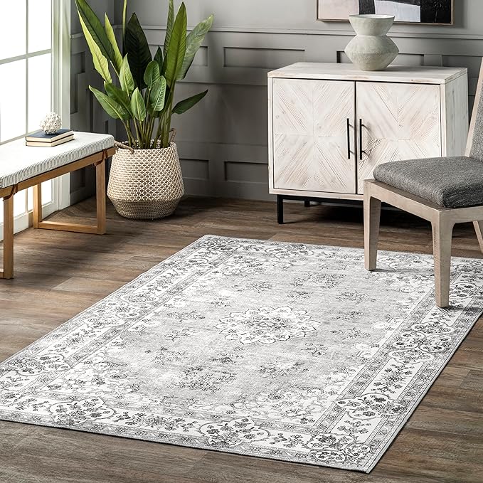 nuLOOM Ren Vintage Floral Machine Washable Ultra Thin Area Rug, 5x8, Grey - LeafyLoom