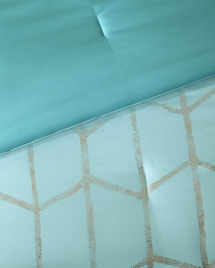 Intelligent Design Raina Twin / Twin XL Comforter Set, Soft Microfiber Comforter Set Twin, Modern Geometric Metallic Bed Set, 4 Pieces College Bedding Comforter Set with 1 Sham, 2 Toss Pillows Aqua - LeafyLoom