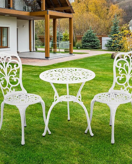 3 Piece Patio Set Outdoor Cast Aluminum Patio Bistro Table and Chairs Set of 2,All Weather Outdoor Bistro Sets with 1.97" Umbrella Hole for Front Porch Set,Garden(White) - LeafyLoom