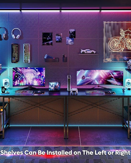 Bestier Gaming Desk with LED Lights, Computer Desk with 4 Tiers Reversible Shelves, 51.3 Inch Home Office Writing Desk with Side Storage Bag, Hooks and Height Adjustable Shelf (Black Grained) - LeafyLoom