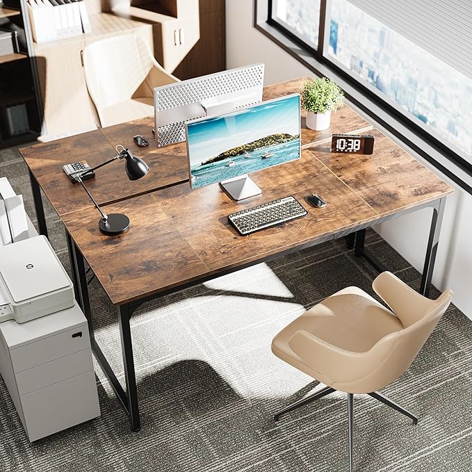 Computer Desk, 63 Inch Office Desk, Gaming Desk with Storage, Writing Desk Work Desk for Home Office, Study, Modern Simple Desk, Large Legroom, Metal Frame, Rustic Brown - LeafyLoom