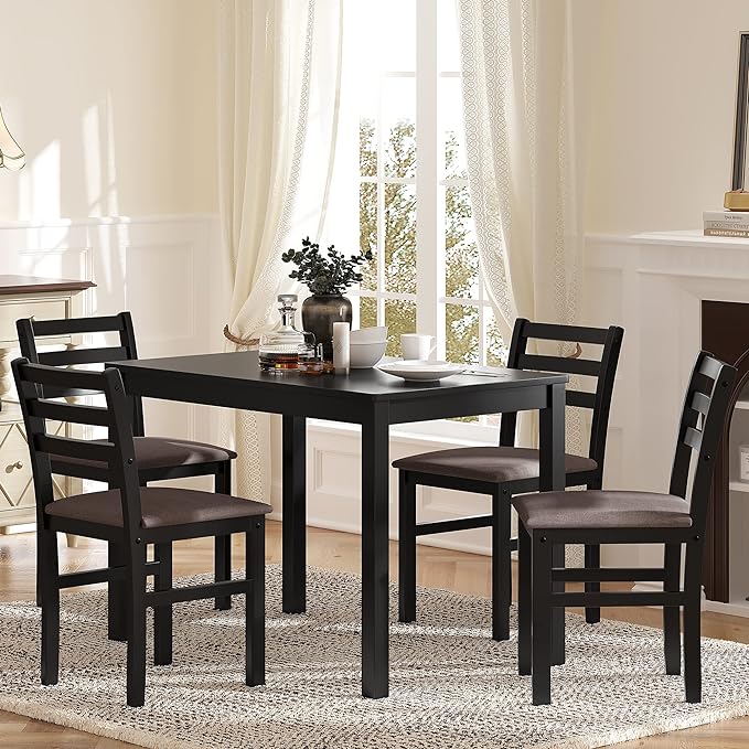 NicBex Dining Room Table Set for 4 Kitchen Table and Chairs 5Pcs Stylish Dining Table Set 4 Upholstered Chairs with Ladder Back Design for Dining Room Kitchen, Brown Oak - LeafyLoom