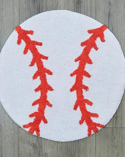 Hand Tufted Baseball Bedroom or Bathroom Rug - 25 in. Round; 100% Cotton Kids Bathroom Mat; Decorative Kids Area Rug - LeafyLoom