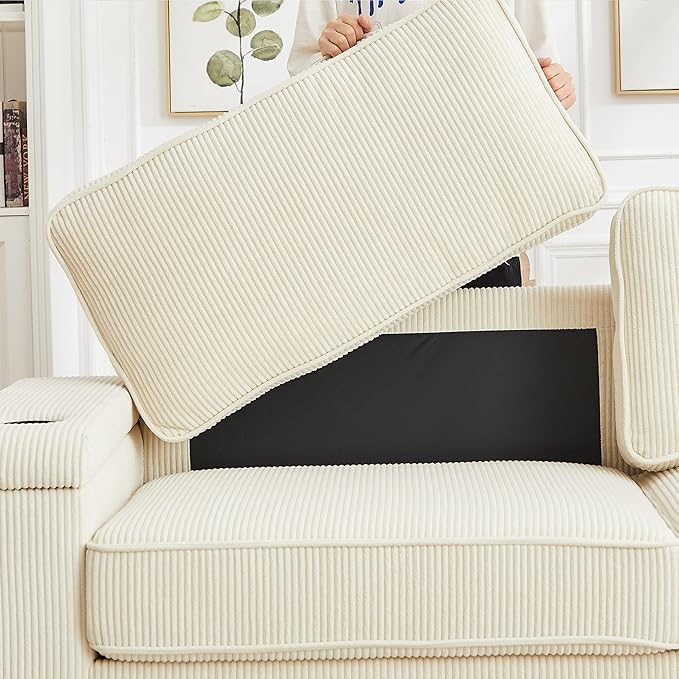 Modern Living Room Upholstered 3 Seater Sofa Couch Deep Seat Soft Corduroy Sofa&Couch with Storage Armrests, 2 Cupholders, Type-C and USB Charging Ports for Home, Apartment, Office - LeafyLoom
