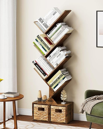 Vagusicc 6 Tier Tree Bookshelf - Retro Shelf Floor Standing Bookcase with Baskets, Tall Wood Book Storage Rack for Books/CDs, Tree Utility Book Organizer Shelves for Living Room, Home Office, Bedroom - LeafyLoom