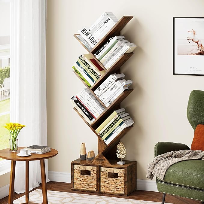 Vagusicc 6 Tier Tree Bookshelf - Retro Shelf Floor Standing Bookcase with Baskets, Tall Wood Book Storage Rack for Books/CDs, Tree Utility Book Organizer Shelves for Living Room, Home Office, Bedroom - LeafyLoom