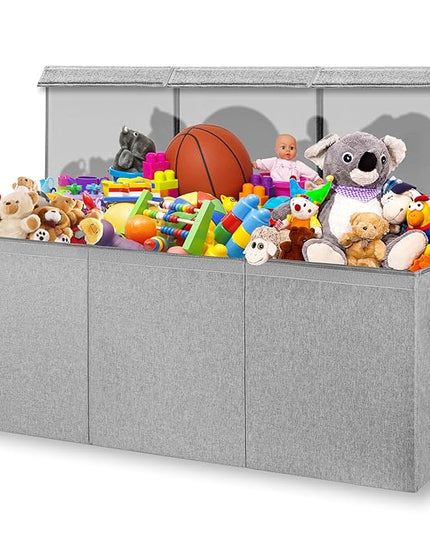 Kids Toy Chest for Boys & Girls - Stylish Versatile Stuffed Animal Holder & Toddlers Toy Organizer Makes Play Room Organization Easy - Made with Strong PP Board - Gray bin with Cationic Fabric - LeafyLoom