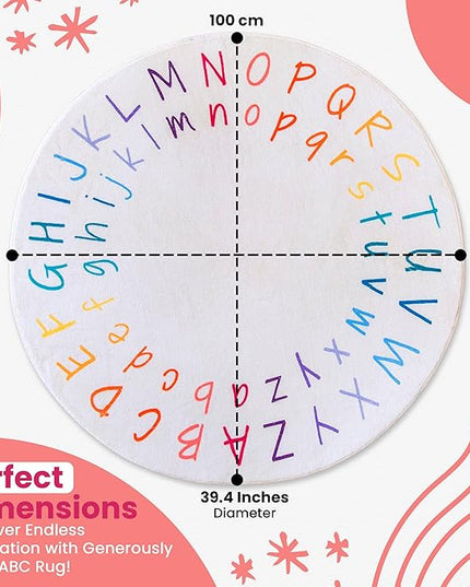 ABC Rug for Kids Room - 40 inch Round Alphabet Rug - ABC Classroom Rug for Kids Learning - Round Rug for Kids Room Decor - ABC Rugs for Kids Playroom - Round Nursery Rug - ABC Mats for Floor Toddlers - LeafyLoom