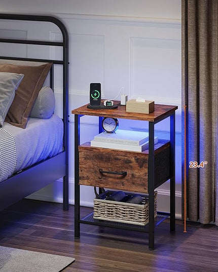 Night Stand, End Table with Charging Station, LED Bedside Table with Fabric Drawer for Bedroom, 3-Tier Side Table with Open Shelf, Rustic Brown - LeafyLoom