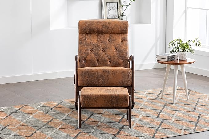 Armchair with Ottoman, Mid-Century Upholstered Accent Nursery, Glider Rocker Thick Cushion, Comfy Indoor Leisure Lounge Living Room, Bedroom, Office, Rocking Chair, Coffee - LeafyLoom