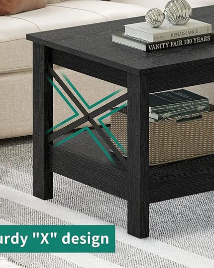 YITAHOME Coffee Table for Living Room,Modern Farmhouse Coffee Table with Storage,2-Tier Center Table for Living Room Wood Living Room Table Accent Cocktail with Sturdy Frame,Black - LeafyLoom