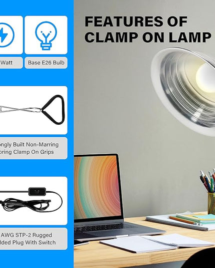 Simple Deluxe Clamp Lamp Light with Ceramic Base, 8.5 Inch Aluminum Reflector and 6 Feet Power Cord for Heat Lamp & Work Light, 2023 New Version - LeafyLoom