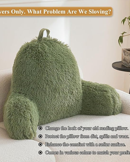 XeGe Faux Fur Reading Pillow Cover (No Filler), Fluffy Back Rest Pillow Case for Bed Sitting Up, Adults Kids Shaggy Sit Up Back Support Pillow Cover with Arms Couch Chair Home Decoration, Sage Green - LeafyLoom