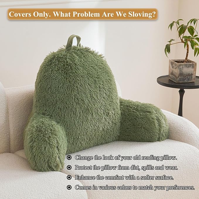 XeGe Faux Fur Reading Pillow Cover (No Filler), Fluffy Back Rest Pillow Case for Bed Sitting Up, Adults Kids Shaggy Sit Up Back Support Pillow Cover with Arms Couch Chair Home Decoration, Sage Green - LeafyLoom