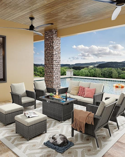 Yechen Patio Conversation Set 9 Seats with 44" Propane Gas Fire Pit Table - 8 Pcs Outdoor Wicker Furniture Set with Lid & Wind Shields - Sectional Sofa Set for Porch,Backyard - LeafyLoom
