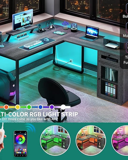 YITAHOME L Shaped Desk with Power Outlets & LED Lights, Reversible Computer Desk with Drawer & File Cabinet, Corner Office Desk with Monitor Stand, L-Shaped Gaming Desk, Grey - LeafyLoom