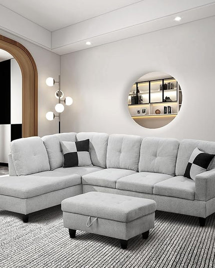 ROOMTEC 3 Piece L Shaped Sectional Sofa Set with Storage Ottoman, Left Facing Chaise Longue, Reversible Backrest w/ 2 Cup Holders, Flannel Tufted Cushions, for Living Room, Off White - LeafyLoom