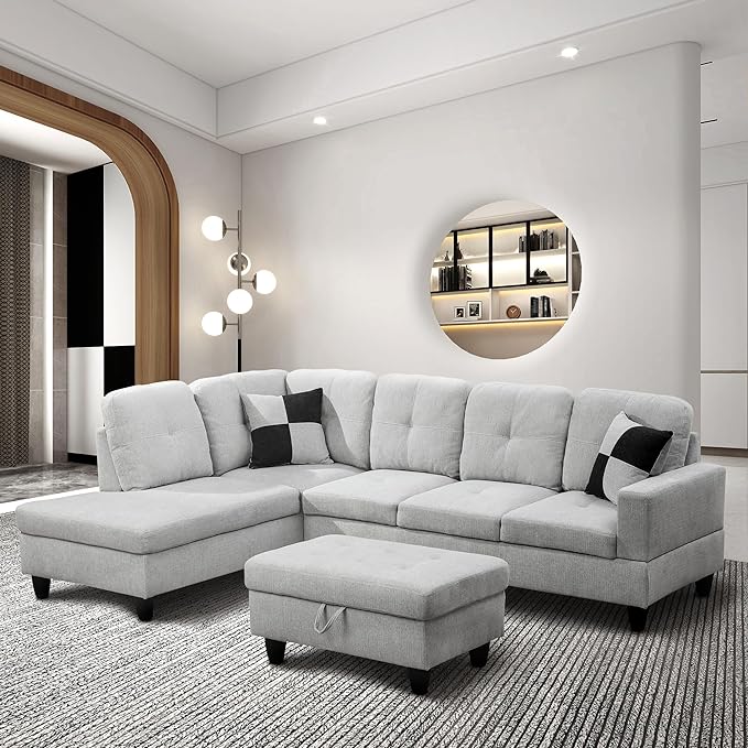 ROOMTEC 3 Piece L Shaped Sectional Sofa Set with Storage Ottoman, Left Facing Chaise Longue, Reversible Backrest w/ 2 Cup Holders, Flannel Tufted Cushions, for Living Room, Off White - LeafyLoom