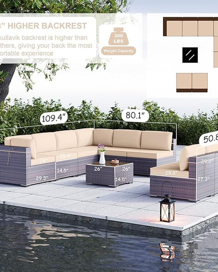 Kullavik 9PCS Outdoor Patio Furniture Set PE Wicker Rattan Sectional Sofa Patio Conversation Sets,Sand - LeafyLoom