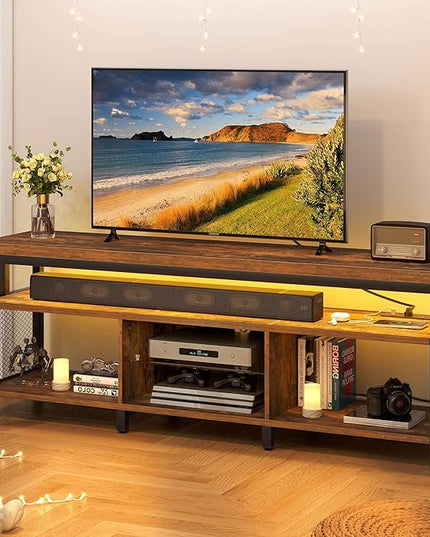 YITAHOME LED Television Stands w/Power Outlets for 70/65 inch, Modern Industrial TV Stand, Entertainment Center w/Open Storage, Entertainment Center for 360lbs for Living Room, Retro Brown - LeafyLoom