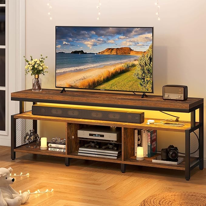 YITAHOME LED Television Stands w/Power Outlets for 70/65 inch, Modern Industrial TV Stand, Entertainment Center w/Open Storage, Entertainment Center for 360lbs for Living Room, Retro Brown - LeafyLoom