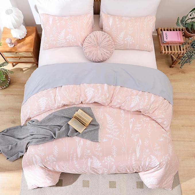 JANZAA Full Size Comforter Set Blush Bedding Comforter Set Floral Bedding Set Microfiber Comforter Set with 2 Pillow Cases for All Season Cozy and Comfortable - LeafyLoom