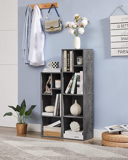 VECELO 3-Tier Small Bookcase, 4 Cube Bookshelf with Height Difference Shelves for Most Books, Modern Floor Standing Unit, Each Shelf Hold Up to 66 LBS for Living Room Bedroom, Grey - LeafyLoom