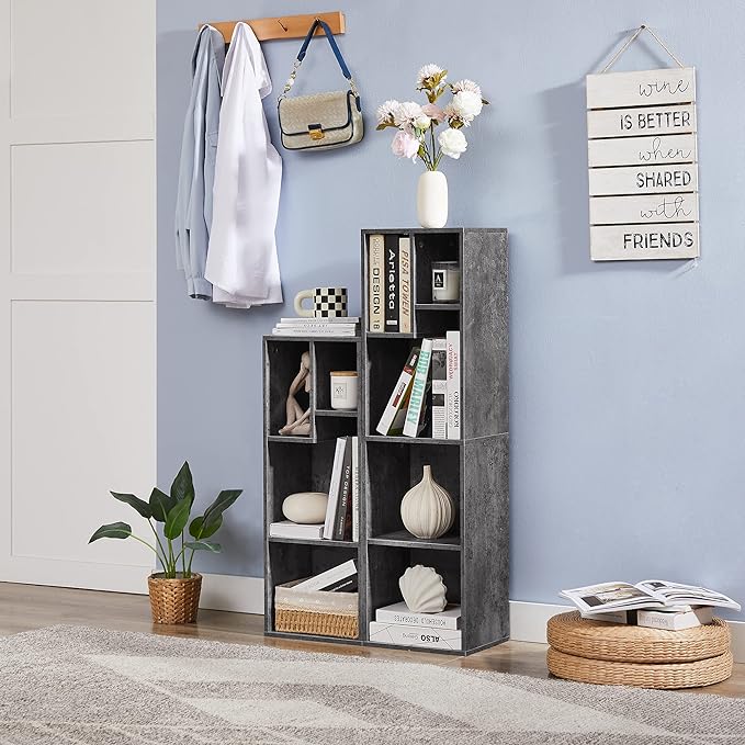 VECELO Small Bookshelf, 4 Cube Slim Bookcase, Fits Tallest Hardcovers, Horizontal Available, Modern Floor Standing Unit, Each Shelf Hold Up to 66 LBS, Modern Gray - LeafyLoom