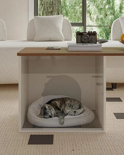 ChooChoo Farmhouse Coffee Table, Cocktail Table Wooden Modern Coffee Table with Opening Cat House for Accent Furniture for Living Room, Meeting Room, Home Decor - LeafyLoom