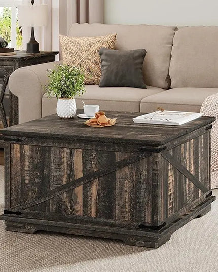 YITAHOME Farmhouse Lift Top Coffee Table, Square Wood Center Table with Large Hidden Storage Compartment for Living Room, Rustic Cocktail Table with Lift Top for Home Office,Dark Rustic Oak - LeafyLoom