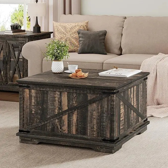 YITAHOME Farmhouse Lift Top Coffee Table, Square Wood Center Table with Large Hidden Storage Compartment for Living Room, Rustic Cocktail Table with Lift Top for Home Office,Dark Rustic Oak - LeafyLoom