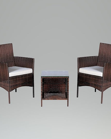 BTEXPERT Outdoor Wicker Conversation 3 Piece Bistro Garden Patio Yard Porch Furniture Space Saving Pe Rattan Two Chairs Cushions Side Storage Glass Table Brown/Beige 3pc Set, OneSize - LeafyLoom